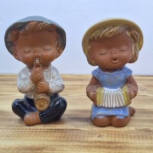 ROYAL SEALY MUSICIAN SET 2 BOY GIRL TERRACOTTA POTTERY Flute Accordion FIGURINES
